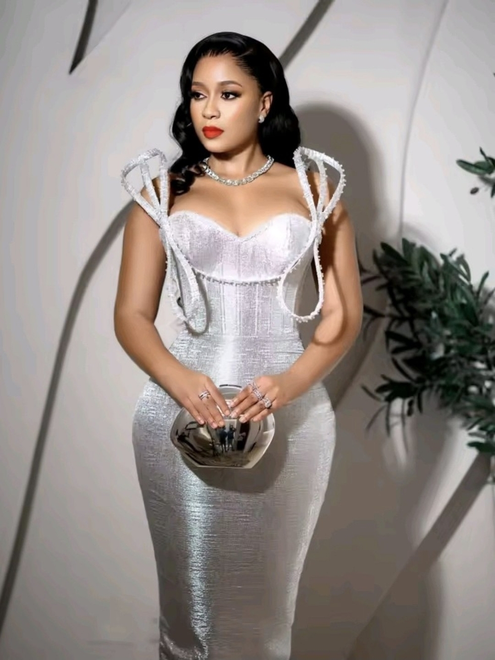 Silver Metallic Sculpted Corset Evening Dress